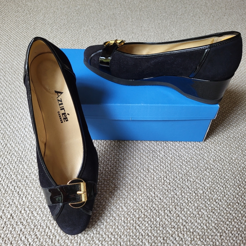 Azuree Cannes Black Suede & Patent Cyrano Wedge Heels, sz 9.5, EUC